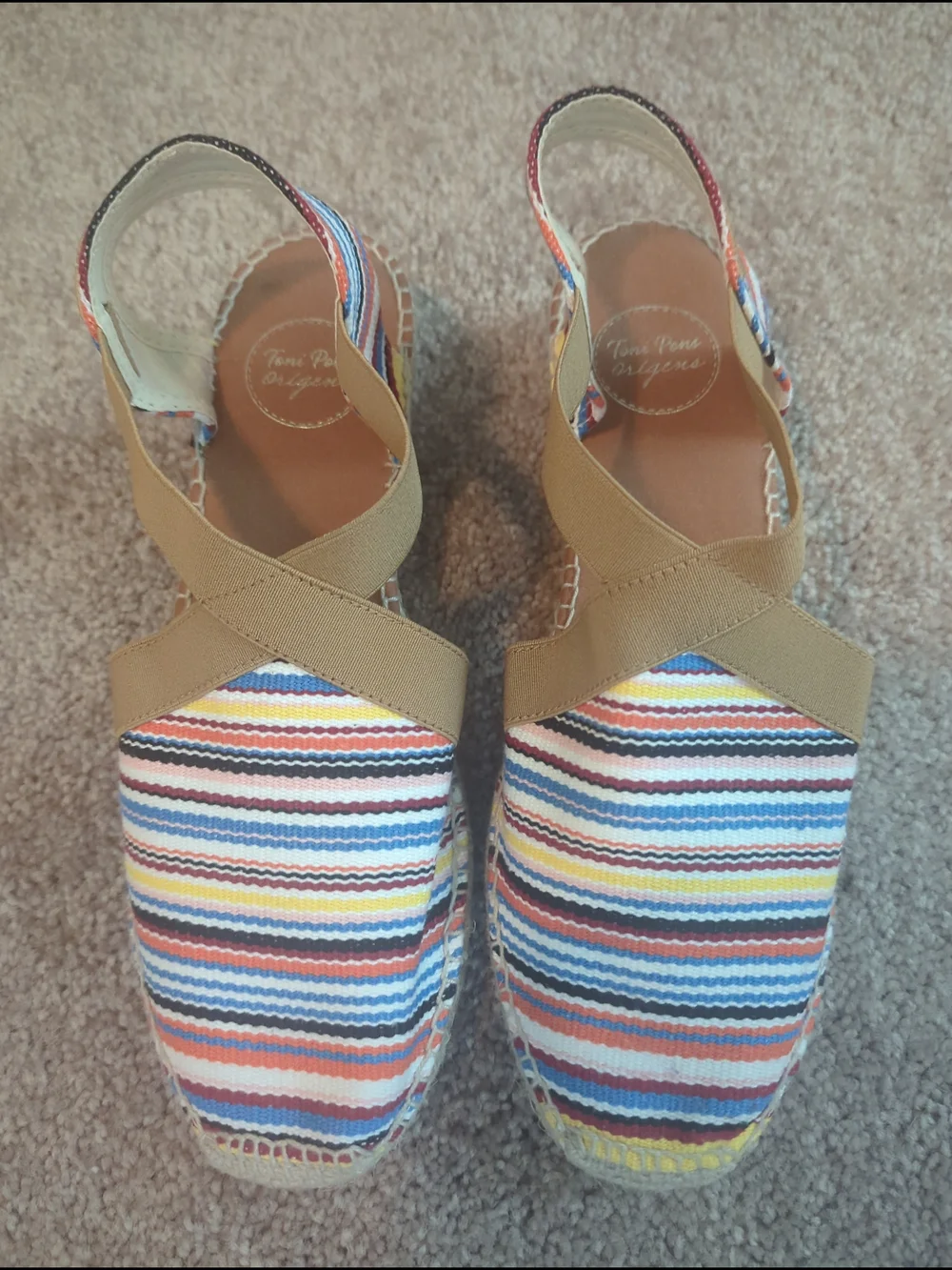 Striped Canvas Espadrille Wedges with Tan Cross Straps